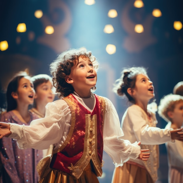 Kostenloses Foto junge kinder spielen ein stück auf der bühne, um den welttheatertag zu feiern.