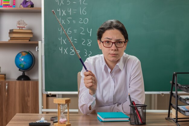 Junge Lehrerin, die eine Brille trägt, die vorne mit ernstem selbstbewusstem Ausdruck hält, der Zeiger hält, der Lektion erklärt, die an der Schulbank vor der Tafel im Klassenzimmer sitzt