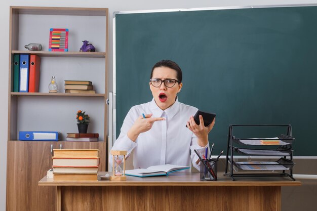 Junge Lehrerin mit Brille sitzt an der Schulbank vor der Tafel im Klassenzimmer und benutzt einen Taschenrechner, der erstaunt und schockiert aussieht