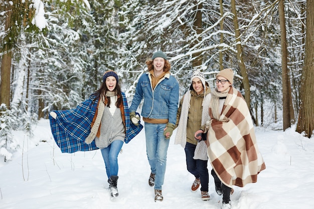 Junge Leute, die in Winterwald laufen