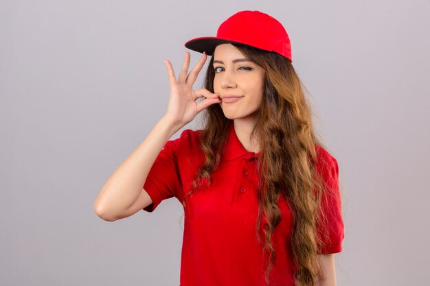 Junge Lieferfrau mit lockigem Haar, das rotes Poloshirt und Kappe trägt, die Stille Geste macht, die tut, wie ihren Mund mit einem Reißverschluss über lokalisiertem weißem Hintergrund zu schließen