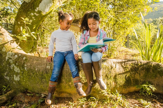 Junge Mädchen auf Baum lesen zusammen