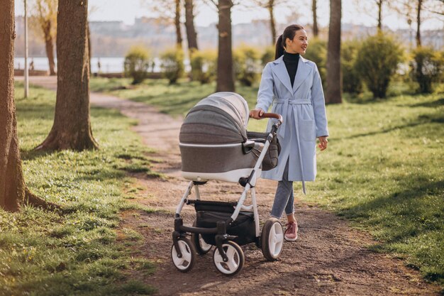 Junge Mutter, die mit Kinderwagen im Park geht