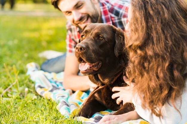 Junge Paare, die ihren Hund im Garten lieben