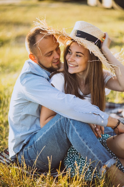 Junge paare, die picknick im park haben