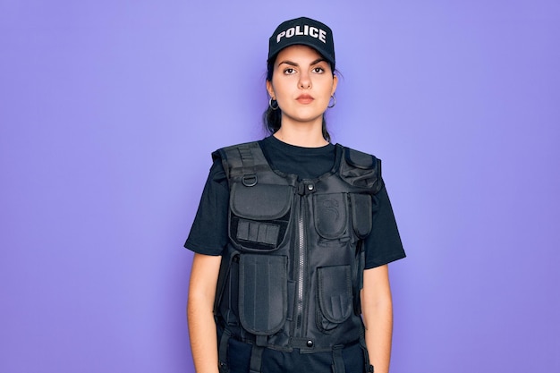 Junge Polizistin mit kugelsicherer Sicherheitsweste, Uniform über lila Hintergrund. Entspannt mit ernstem Gesichtsausdruck. Einfach und natürlich in die Kamera schauend