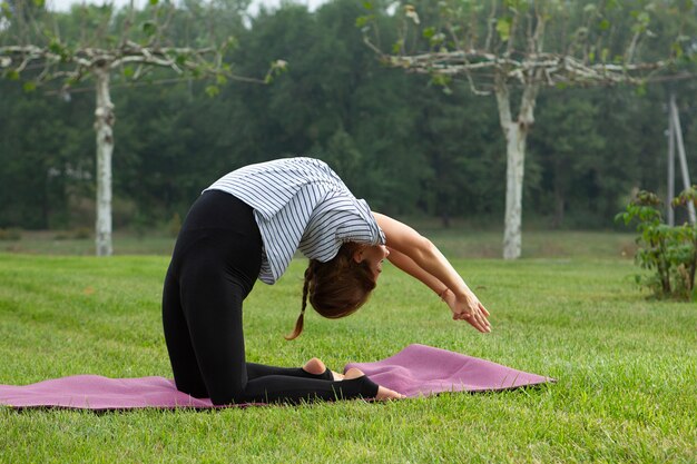 Junge schöne Frau, die Yogaübung im grünen Park tut. Gesundes Lebensstil- und Fitnesskonzept.