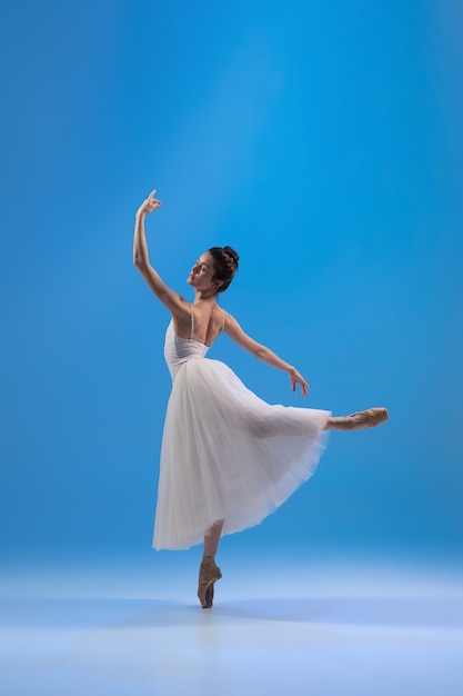 Junge und anmutige Ballerina im weißen Kleid isoliert auf blauer Wand