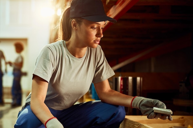 Junge weibliche Lagerarbeiterin, die Produkte sortiert, während sie im industriellen Lagerfach arbeitet