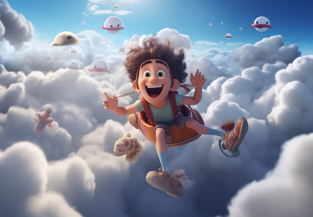 Junge Zeichentrickfigur, die über Wolken schwebt