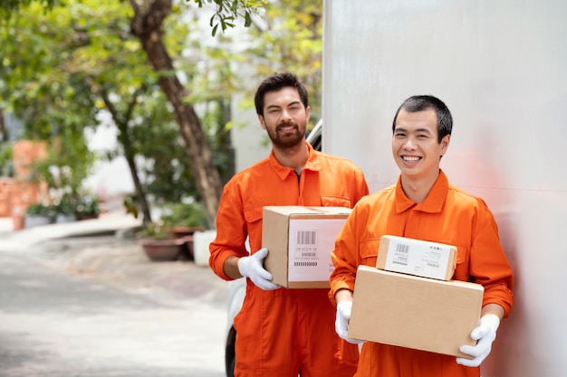 Kostenloses Foto junge zusteller, die verschiedene paketboxen bewegen