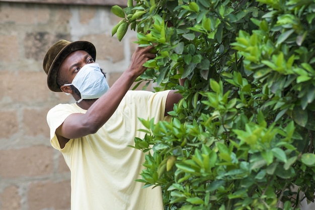 Junger afroamerikanischer Mann in einer schützenden Gesichtsmaske, die in seinem Garten arbeitet