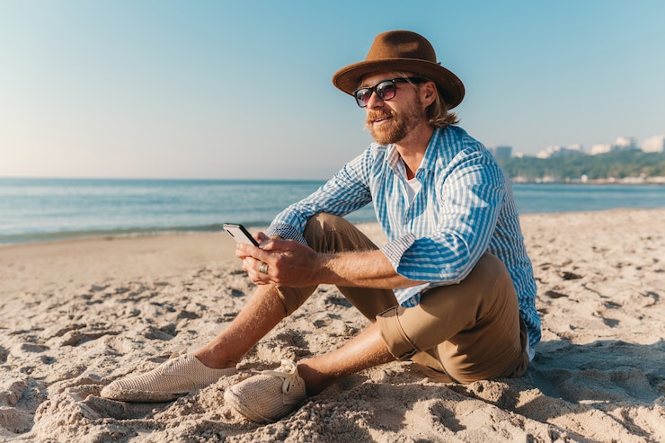 Kostenlose Foto junger attraktiver hipster-mann, der auf strand durch meer in den sommerferien sitzt