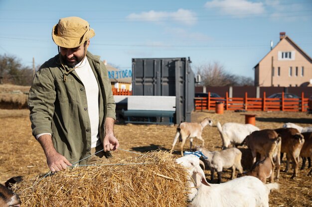 Junger Bauer füttert sein Ziegenheu auf dem Bauernhof