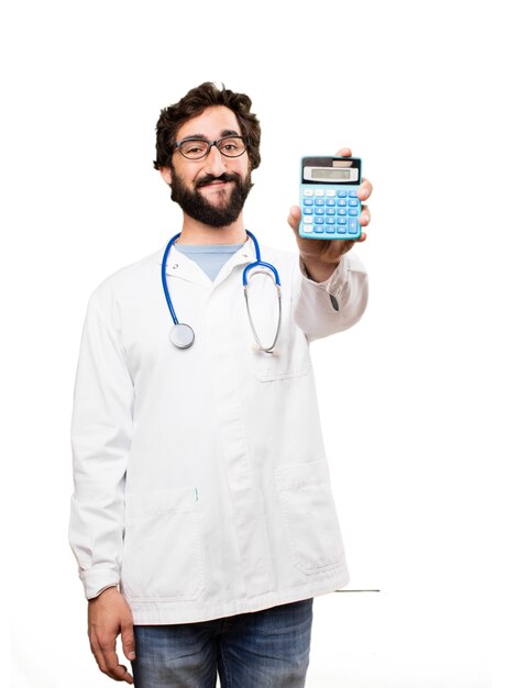 Junger Doktor Mann mit einem Taschenrechner