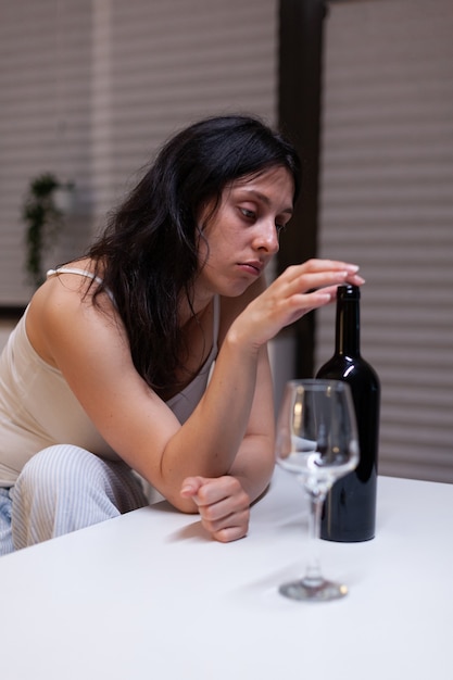 Kostenloses Foto junger erwachsener, der zu hause wein allein in der küche trinkt