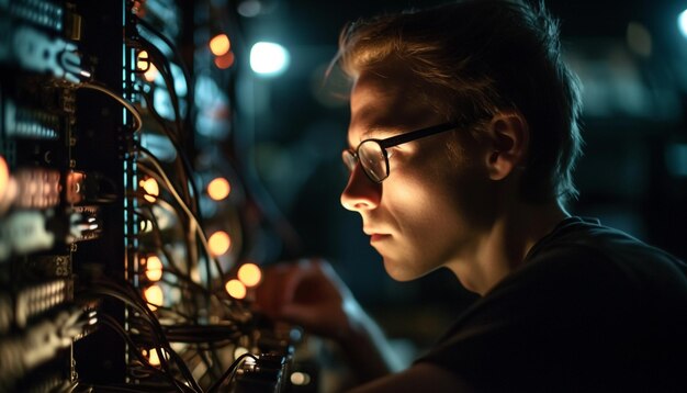 Junger erwachsener kaukasischer männlicher Ingenieur, der nachts drinnen mit Technologie arbeitet, die von KI generiert wird