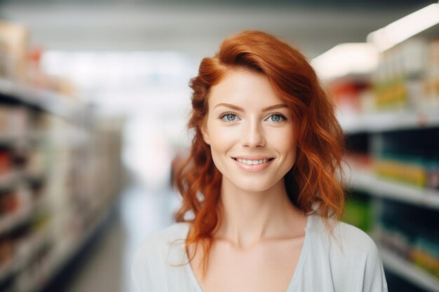 junger frau glücklicher ausdruck in einem supermarkt ai generiert