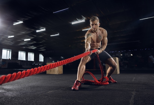 Junger gesunder Mann, Athlet, der Übung mit den Seilen im Fitnessstudio tut. Ein einzelnes männliches Model übt hart und trainiert seinen Oberkörper. Konzept des gesunden Lebensstils, des Sports, der Fitness, des Bodybuildings, des Wohlbefindens.