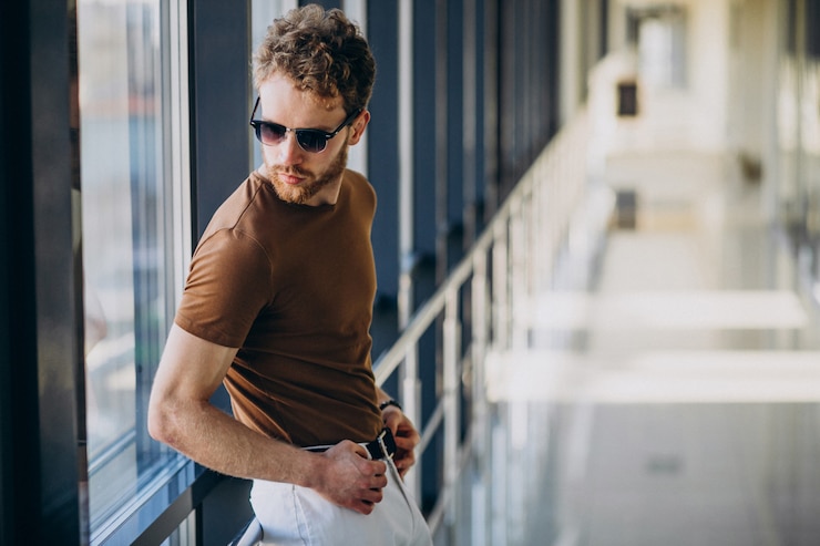 Kostenlose Foto junger gutaussehender mann, der das fenster am flughafen bereitsteht