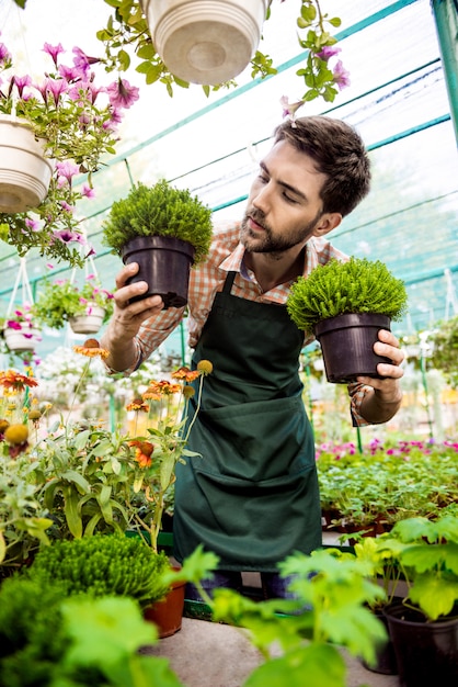 Junger hübscher fröhlicher Gärtner, der lächelt und sich um Blumen kümmert