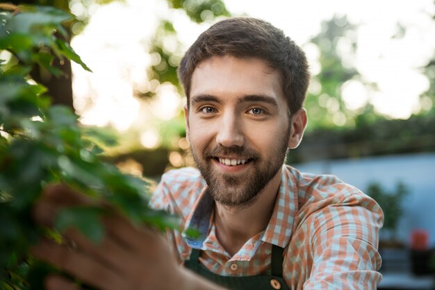 Junger hübscher fröhlicher Gärtner, der lächelt und sich um Pflanzen kümmert