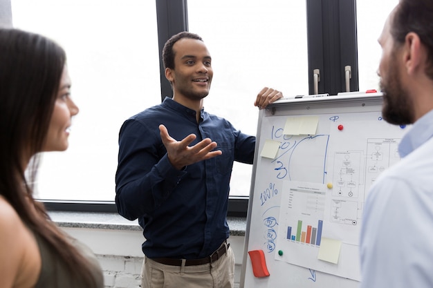 Junger Manager präsentiert seinen Kollegen Whiteboard