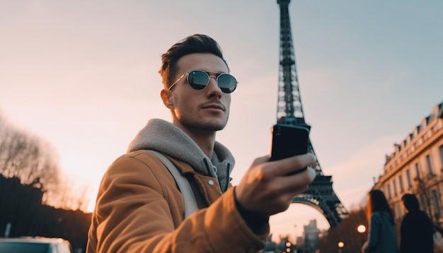 Junger Mann fotografiert Sonnenuntergang mit Smartphone im Freien, generiert von KI