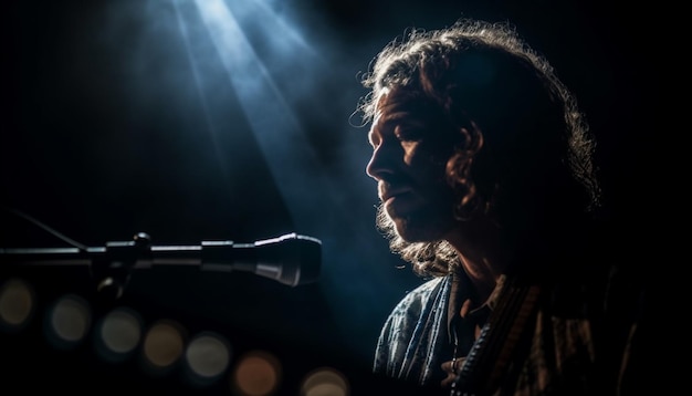 Kostenloses Foto junger musiker, der gitarre spielt, im rampenlicht der generativen ki