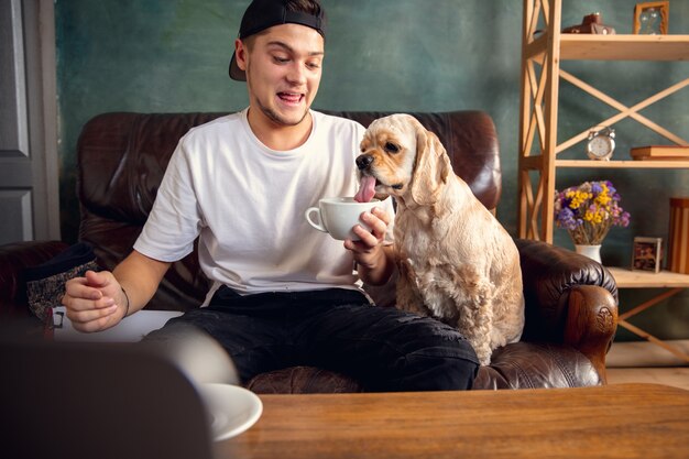 Junger schöner Mann, der auf braunem Sofa sitzt und mit seinem niedlichen Hund arbeitet