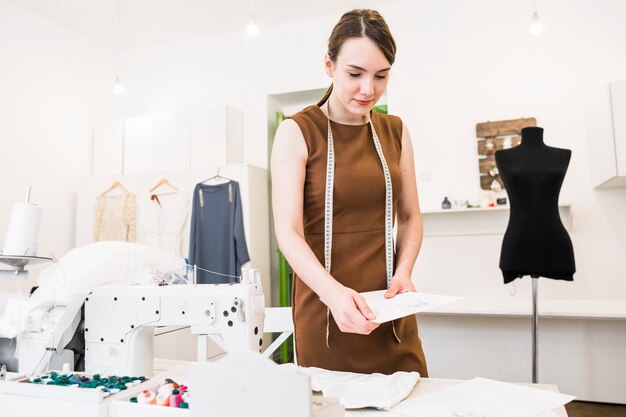 Junger weiblicher Designer, der Modeskizze im Shop hält