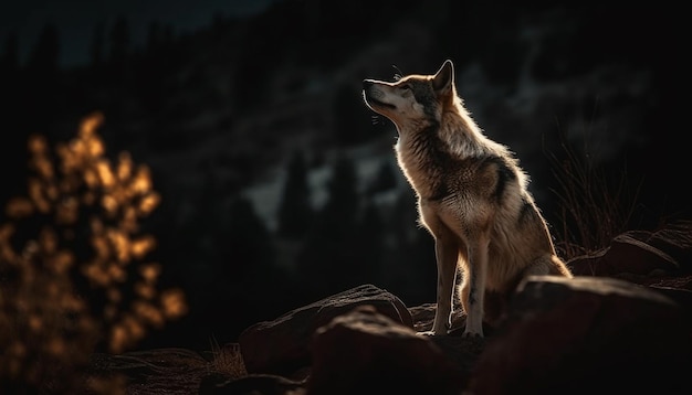 Kostenloses Foto junger wolf, der in der winterwaldnacht sitzt, generiert von ki