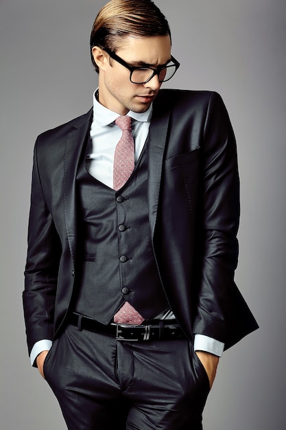 Junges elegantes hübsches männliches Geschäftsmannmodell in einem Anzug und in der modischen Brille