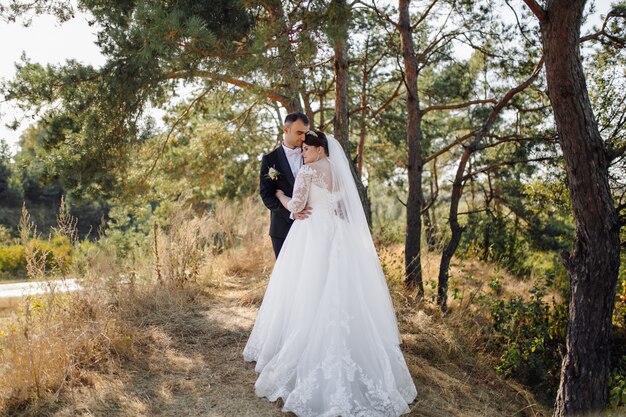 Junges glückliches Hochzeitspaar. Kaukasische Braut und Bräutigam umarmen