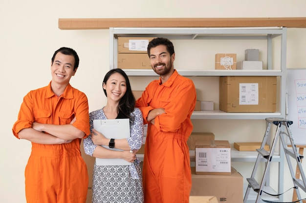 Junges Lieferteam neben Regalen voller Pakete