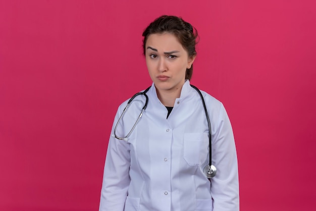 Kostenloses Foto junges mädchen des denkenden doktors, das medizinisches kleid und stethoskop trägt, legte augenbraue auf isoliertem rotem hintergrund auf