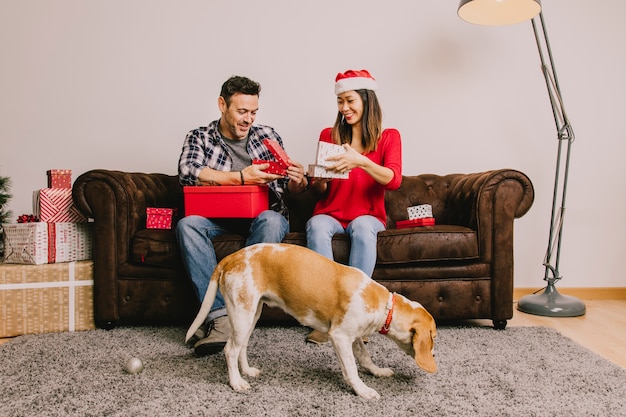 Kostenloses Foto junges paar mit hund am weihnachten