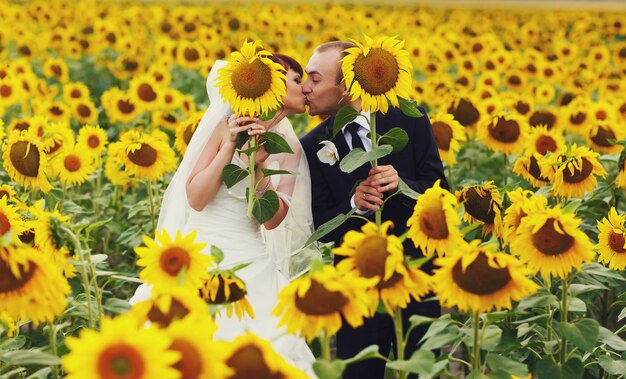 Jungvermähltenkuss, der Sonnenblumen in ihren Händen hält