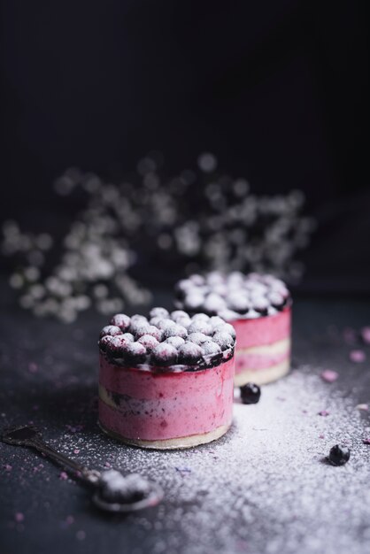 Käsekuchen der schwarzen Johannisbeere wischte mit Zuckerpuder ab