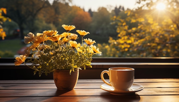 Kostenloses Foto kaffeebecher auf einem holztisch mit gelber blume in einer von künstlicher intelligenz erzeugten vase