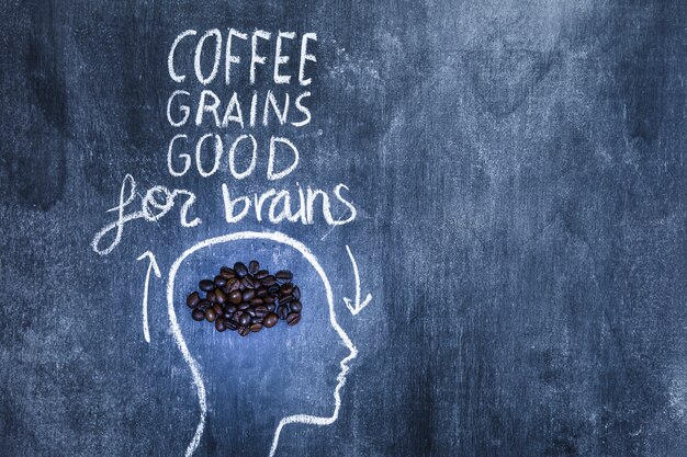 Kaffeebohnen gut für Gehirntext über dem Entwurfskopf mit Kreide auf Tafel