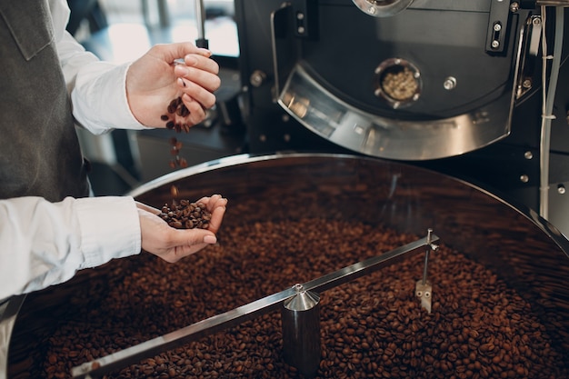 Kaffeekühlung in röstermaschine beim kaffeerösten. junge arbeiterin barista mischen von kaffeebohnen.