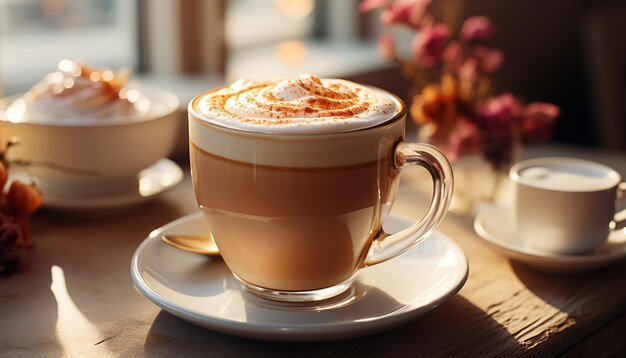 Kaffeetasse auf dem Tisch, Hitze dampft, schaumiges Getränk, Entspannung, Eleganz, erzeugt durch künstliche Intelligenz