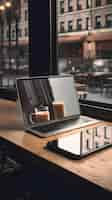 Kostenloses Foto kaffeetasse und laptop auf einem hölzernen tisch in einem café