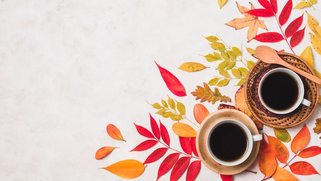 Kaffeetassen und bunter Herbstlaub kopieren Raum