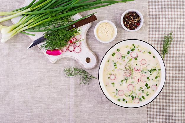 Kalte suppe mit frischen gurken, radieschen, kartoffeln und wurst mit joghurt in der schüssel