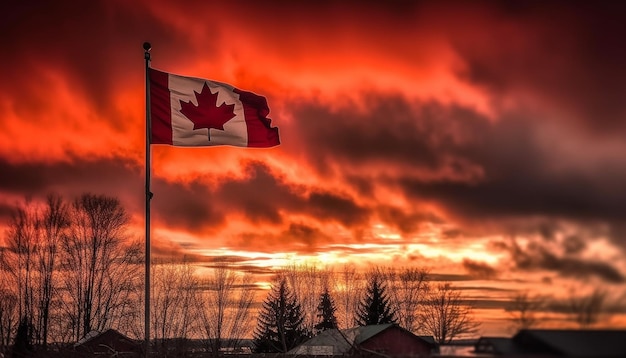 Kanadische Flagge mit Hintergrundbeleuchtung durch einen lebendigen, von KI erzeugten Sonnenuntergangshimmel