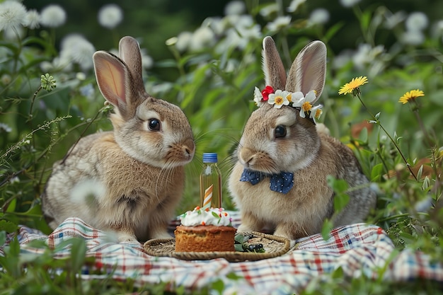 Kostenloses Foto kaninchen beim picknicken im freien