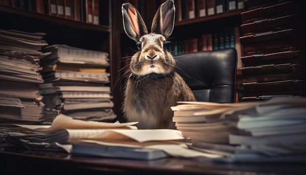 Kostenloses Foto kaninchen untersucht literatur auf einem tisch in einer von ki erstellten bibliothek