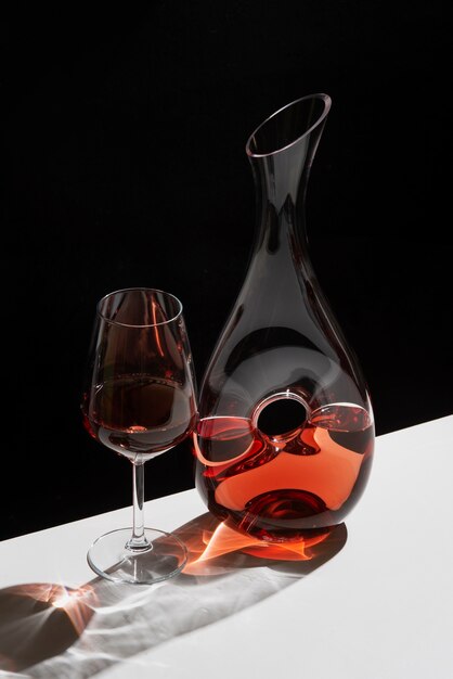 Karaffe und Glas für Wein auf weißem Tisch
